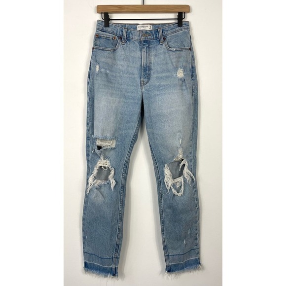 Abercrombie & Fitch High Rise Mom Jeans Size 28 / 6 Long Distressed Blue Casual - Picture 1 of 11